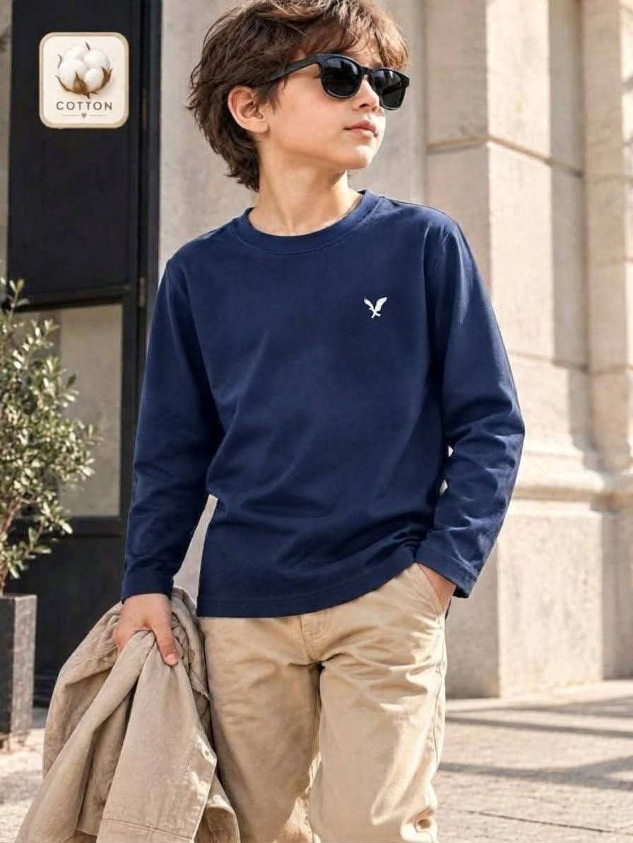 Boys Classic Navy Blue Long-Sleeve T-Shirt with White Bird Chest Logo