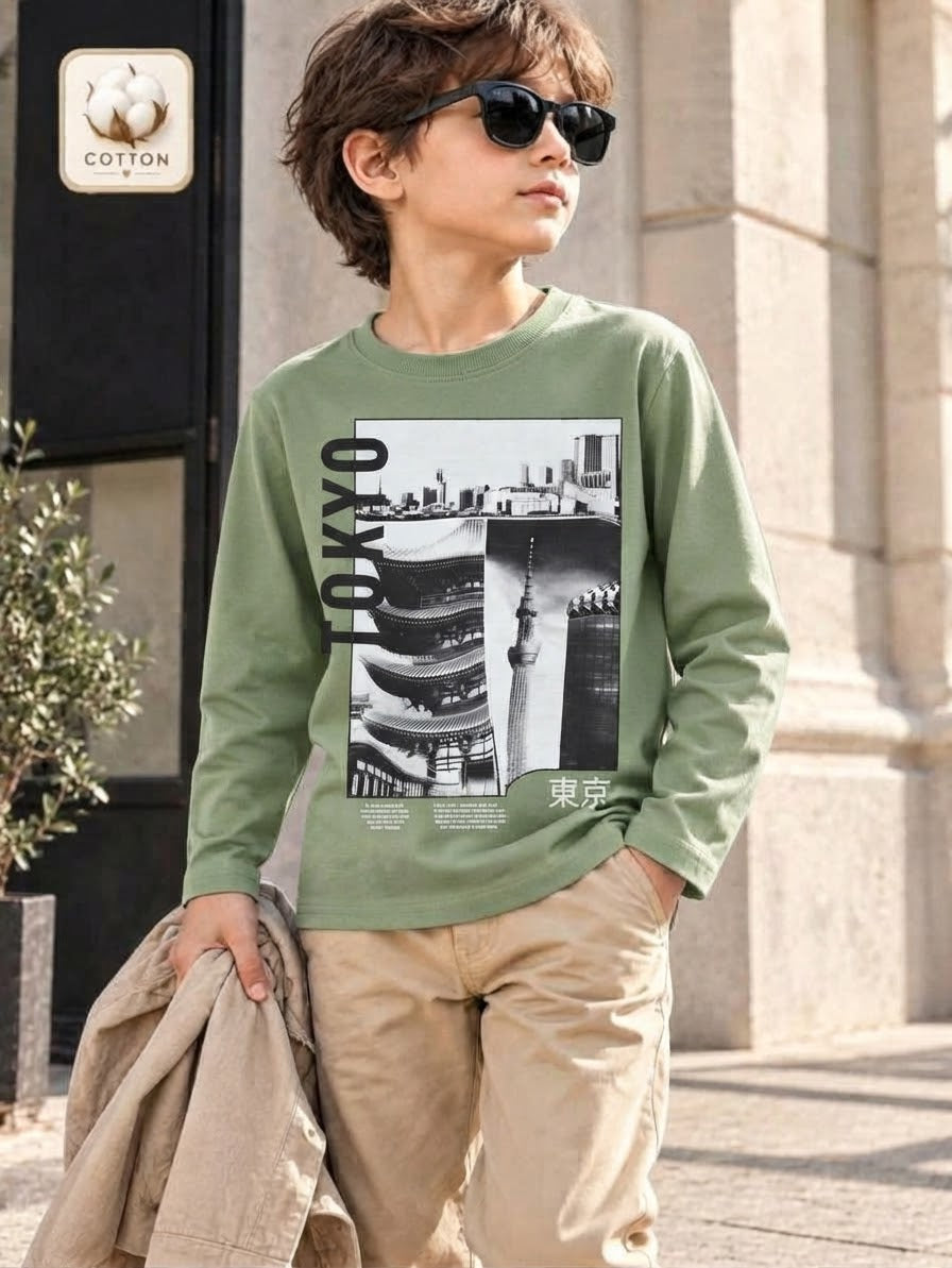 Boys Sage Green "Tokyo" Graphic Print Long-Sleeve T-Shirt
