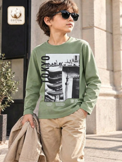 Boys Sage Green "Tokyo" Graphic Print Long-Sleeve T-Shirt