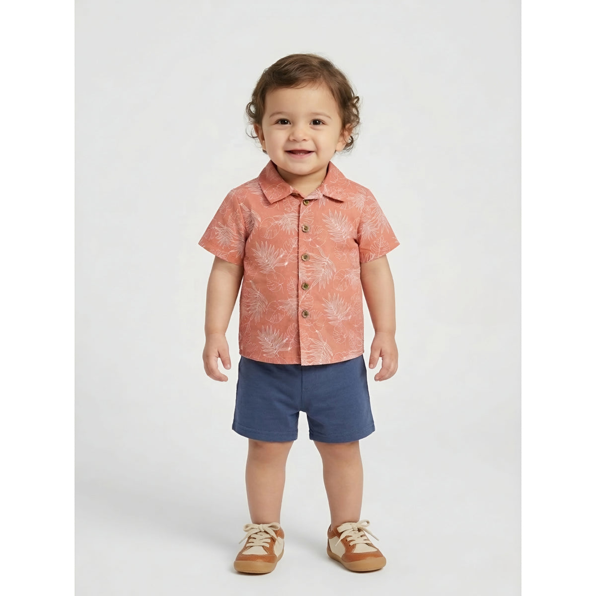 Toddler Boy 2-Piece Tropical Print Button-Down Shirt and Blue Shorts Set Zubaidas