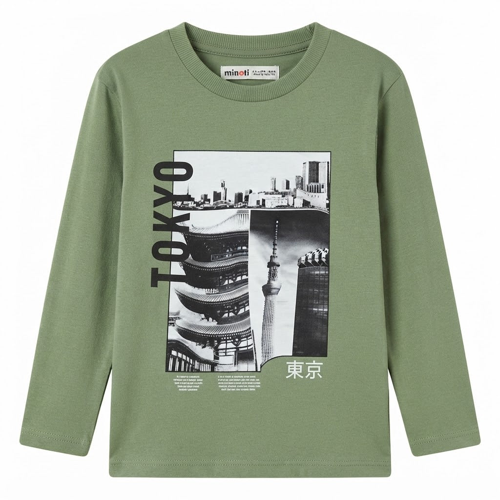 Boys Sage Green "Tokyo" Graphic Print Long-Sleeve T-Shirt
