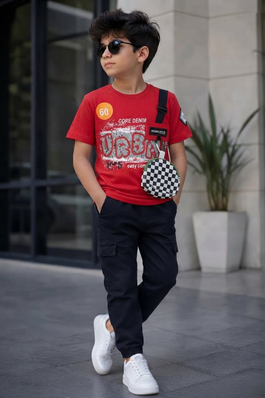 Red Urban Graphic Print Boys T-Shirt with Detachable Pouch | Zubaida's Kids Wear