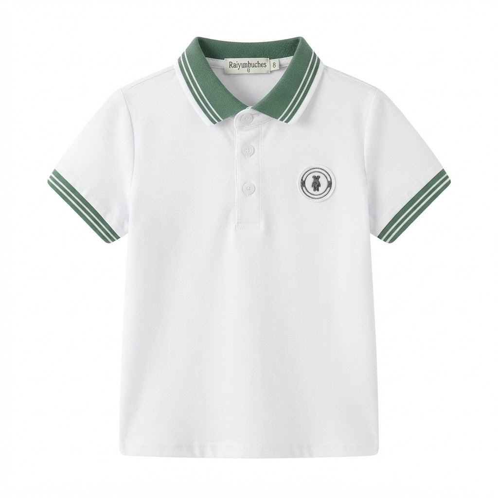 Boys White Polo Shirt with Green Striped Collar and Chest Patch