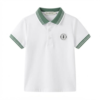 Boys White Polo Shirt with Green Striped Collar and Chest Patch