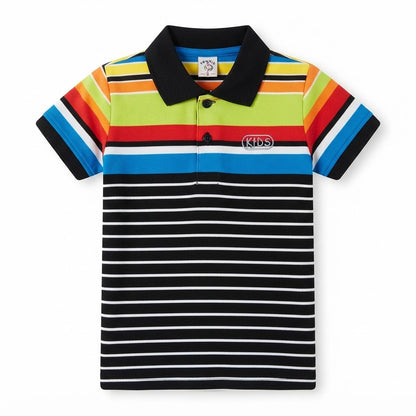 Boys Multi-Color Striped Polo Shirt with Black Contrast Collar and "KIDS" Print