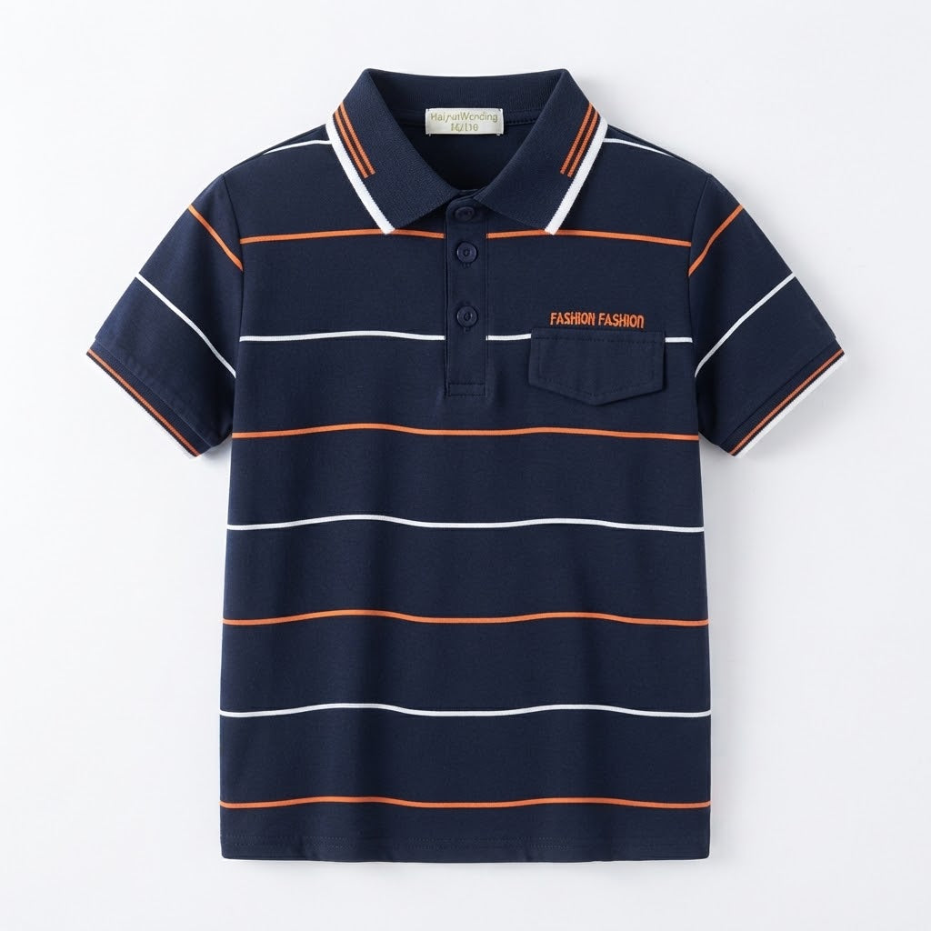 Boys Navy Blue Striped Polo Shirt