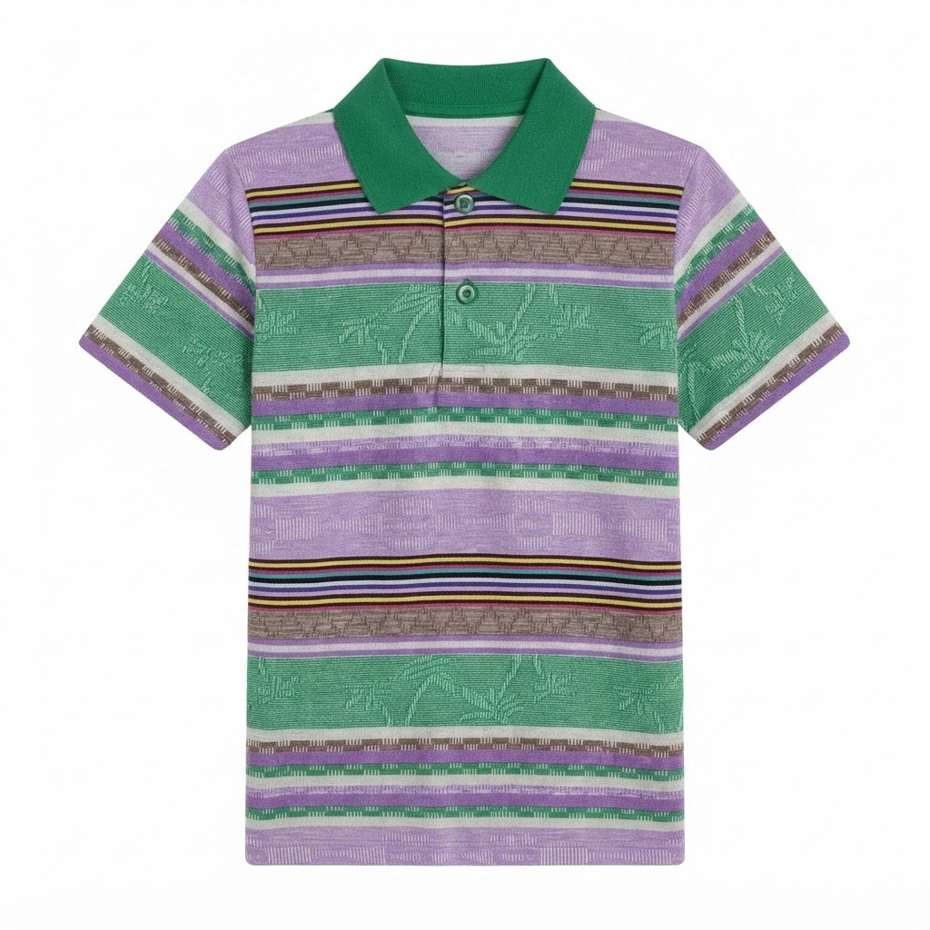 Boys Green & Purple Striped Polo Shirt with Contrast Collar