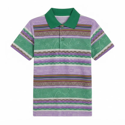 Boys Green & Purple Striped Polo Shirt with Contrast Collar