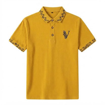 Boys Mustard Yellow "V" Logo Ribbed Polo Shirt with Printed Collar and Cuffs