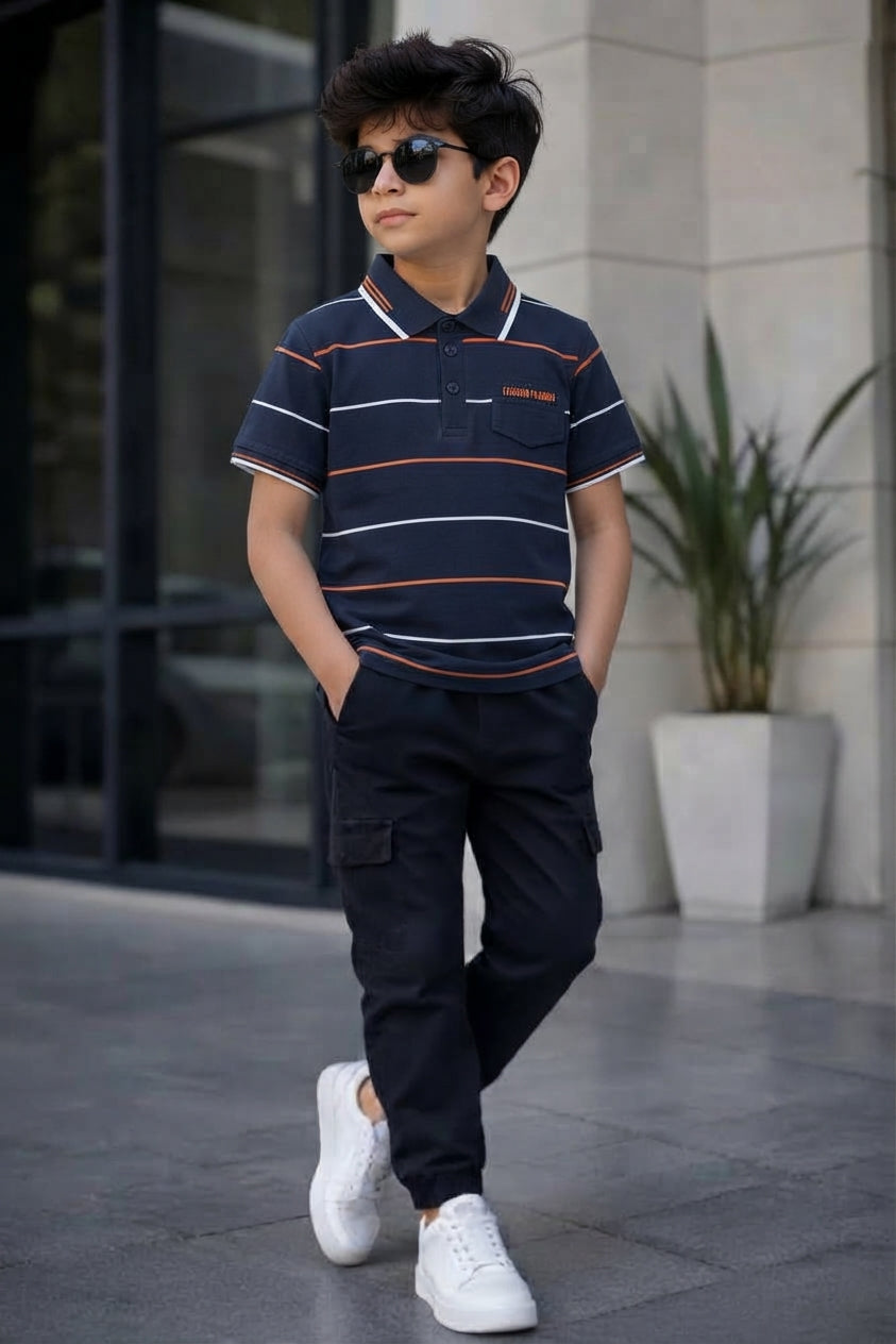 Boys Navy Blue Striped Polo Shirt