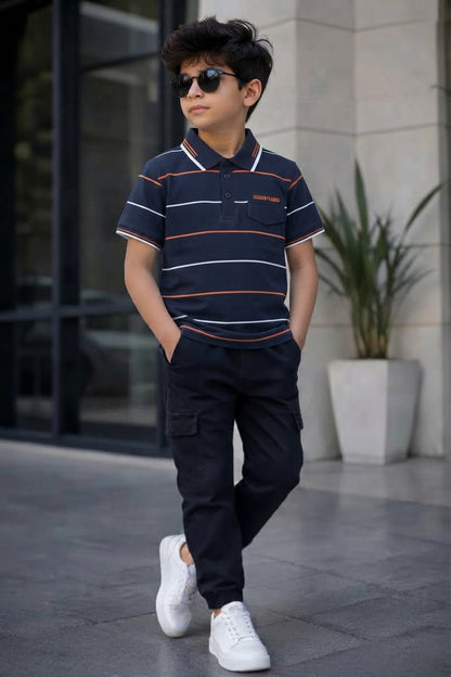 Boys Navy Blue Striped Polo Shirt