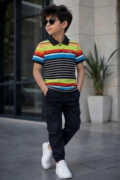 Boys Multi-Color Striped Polo Shirt with Black Contrast Collar and "KIDS" Print