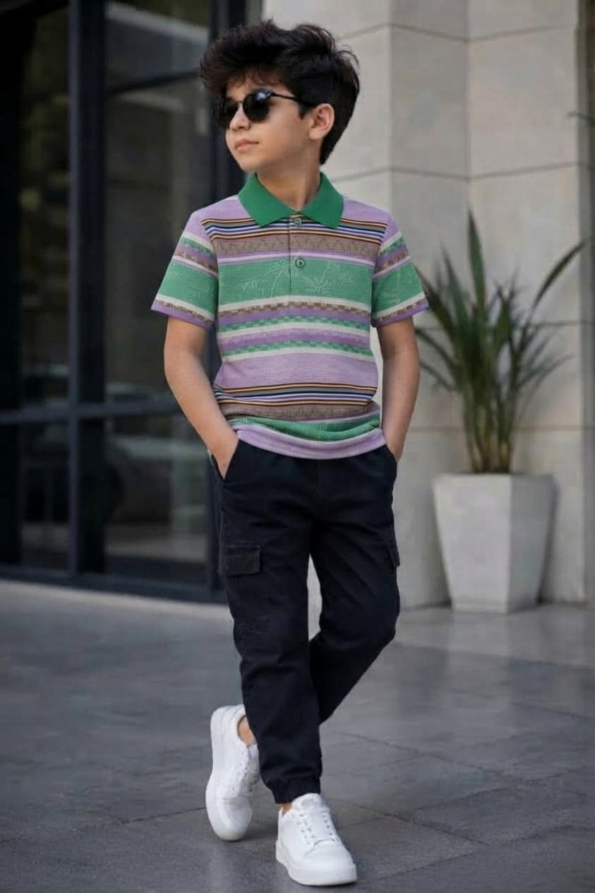 Boys Green & Purple Striped Polo Shirt with Contrast Collar