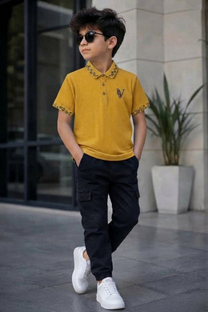 Boys Mustard Yellow "V" Logo Ribbed Polo Shirt with Printed Collar and Cuffs
