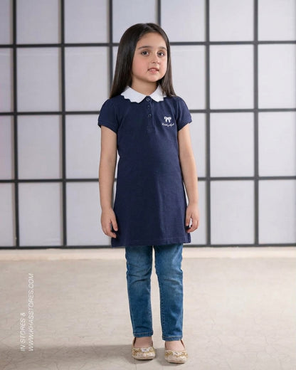 Girls Navy Blue Polo Shirt with White Scalloped Collar & "Lucky Girl" Bow Embroidery