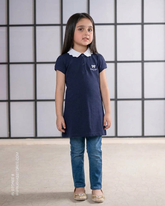Girls Navy Blue Polo Shirt with White Scalloped Collar & "Lucky Girl" Bow Embroidery