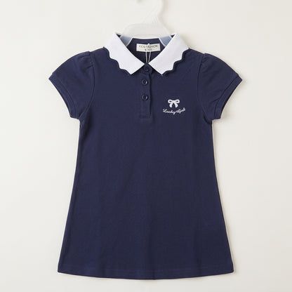 Girls Navy Blue Polo Shirt with White Scalloped Collar & "Lucky Girl" Bow Embroidery