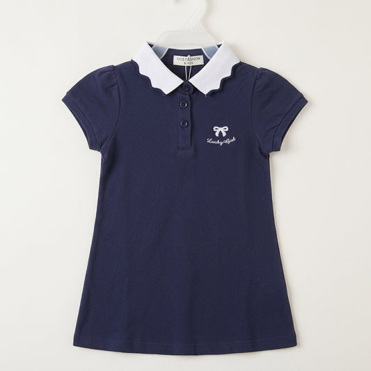 Girls Navy Blue Polo Shirt with White Scalloped Collar & "Lucky Girl" Bow Embroidery