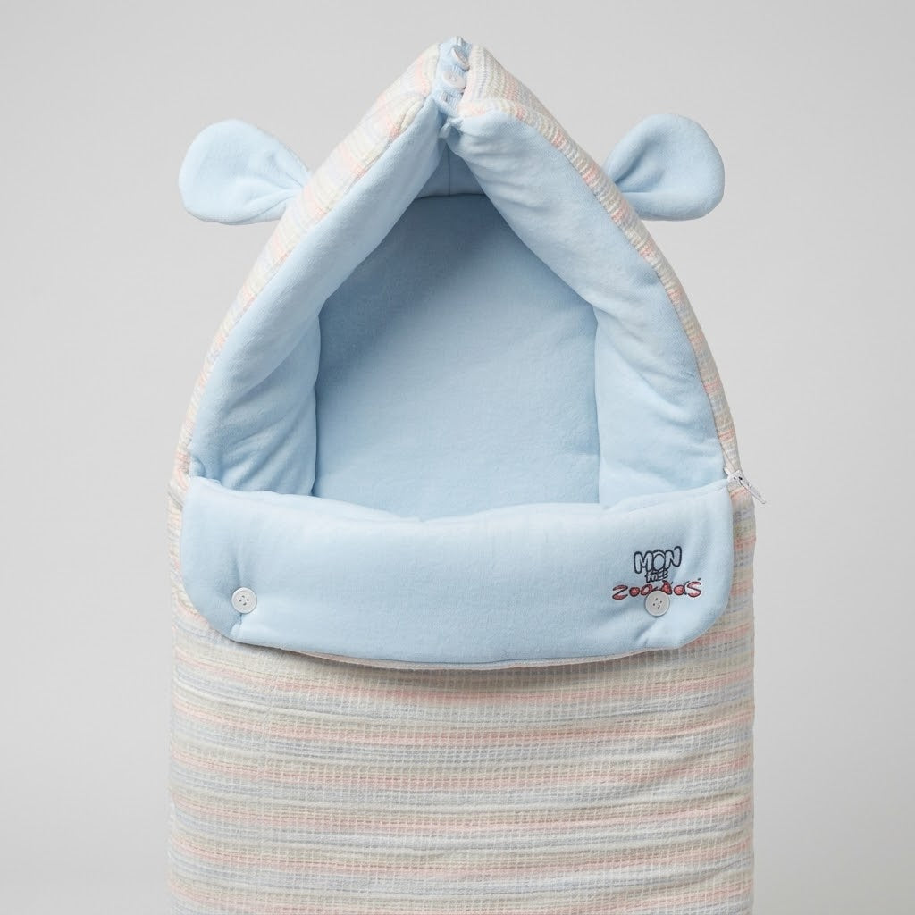 Baby Pastel Stripe Textured Hooded Sleeping Bag Carry Nest with 3D Bear Ears