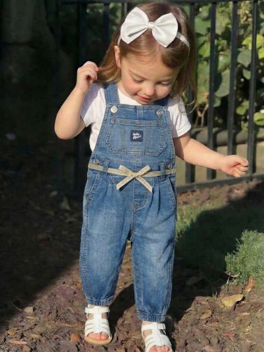 Baby Girls Denim Overalls with Gold Glitter Bow Belt & Pocket Detail