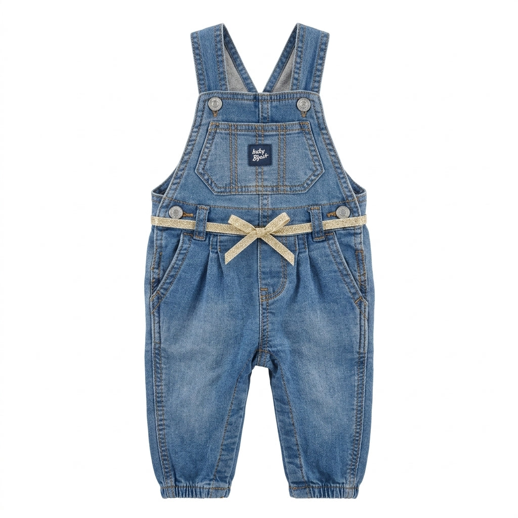 Baby Girls Denim Overalls with Gold Glitter Bow Belt & Pocket Detail