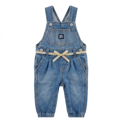 Baby Girls Denim Overalls with Gold Glitter Bow Belt & Pocket Detail