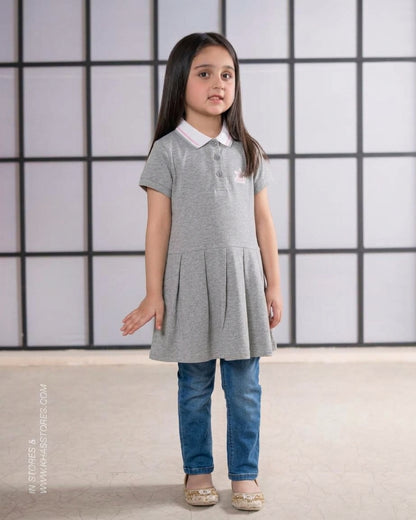 Kids Casual Grey Pleated Polo Dress with Crown Embroidery