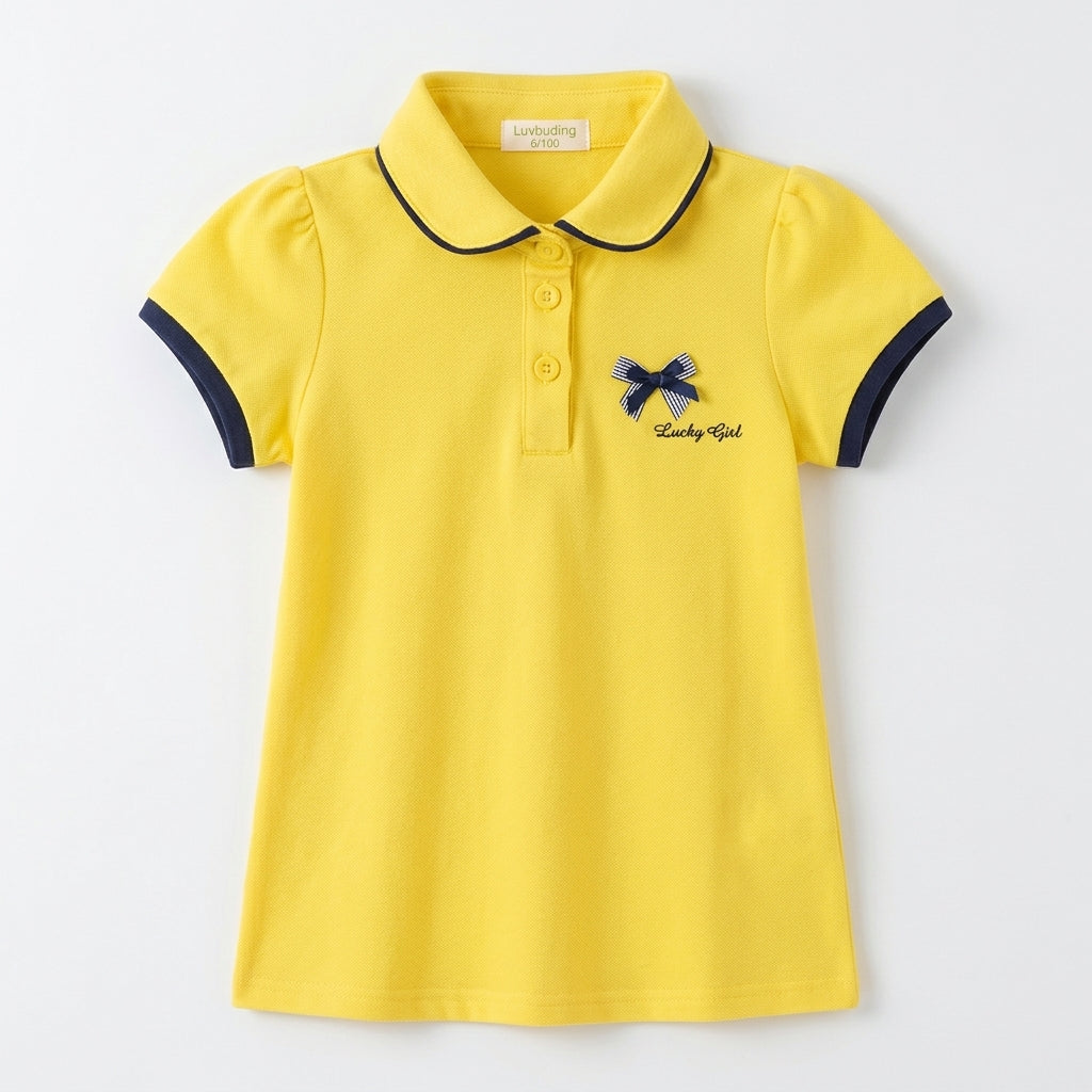 Girls Bright Yellow Cotton Polo Shirt with Navy Trim & "Lucky Girl" Bow Embroidery