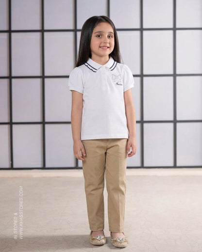 Girls White 100% Cotton Polo Shirt with Scalloped Collar & Rhinestone Bow Embroidery