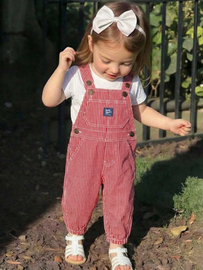 Baby Red & White Striped Cotton Overalls with Front Pocket & Button Straps