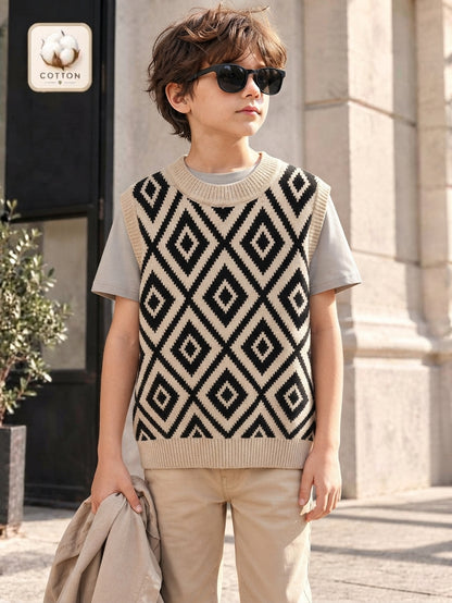 Boys Beige & Black Geometric Pattern Knit Sweater Vest with Ribbed Crew Neck