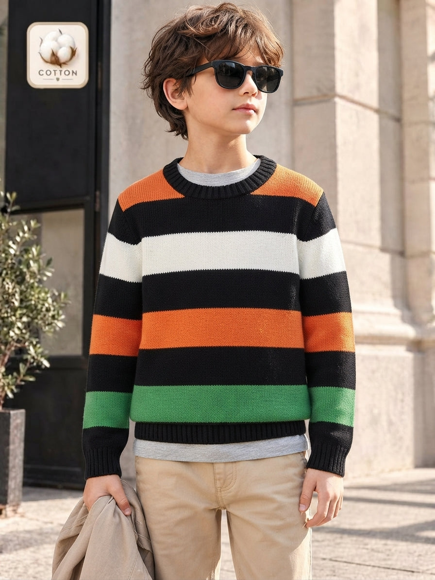 Boys Multi-Color Striped Long-Sleeve Knit Pullover Sweater with Ribbed Collar