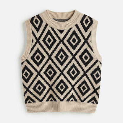 Boys Beige & Black Geometric Pattern Knit Sweater Vest with Ribbed Crew Neck