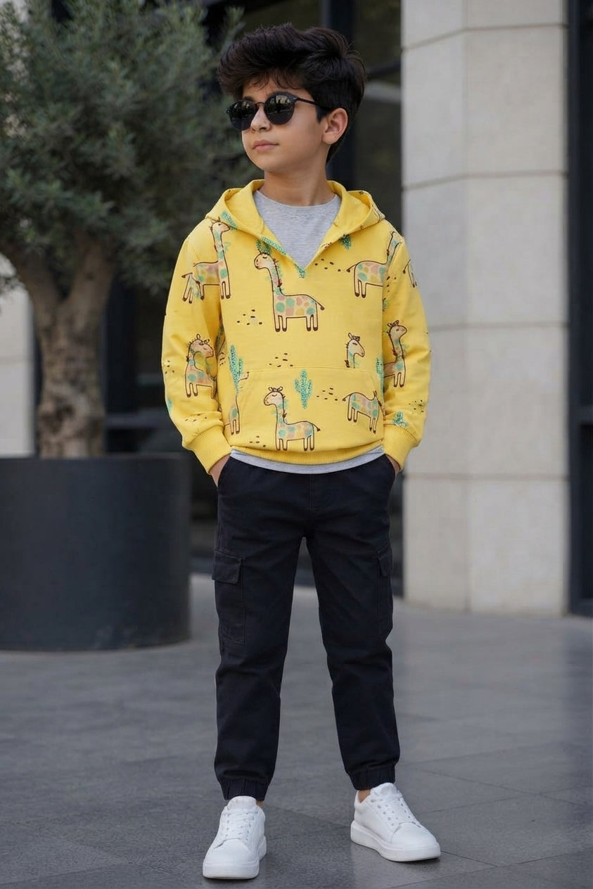 Kids Yellow Giraffe & Cactus Print Fleece Hoodie with Kangaroo Pocket
