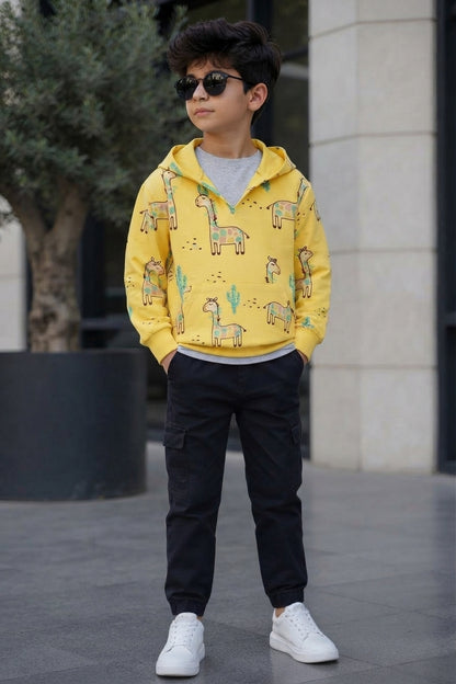 Kids Yellow Giraffe & Cactus Print Fleece Hoodie with Kangaroo Pocket