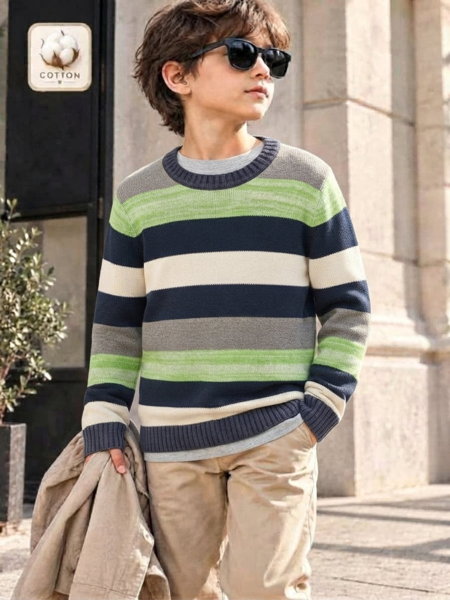 Boys Multi-Color Striped Long-Sleeve Knit Pullover Sweater with Ribbed Collar