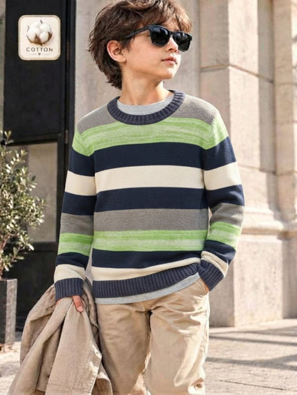 Boys Multi-Color Striped Long-Sleeve Knit Pullover Sweater with Ribbed Collar