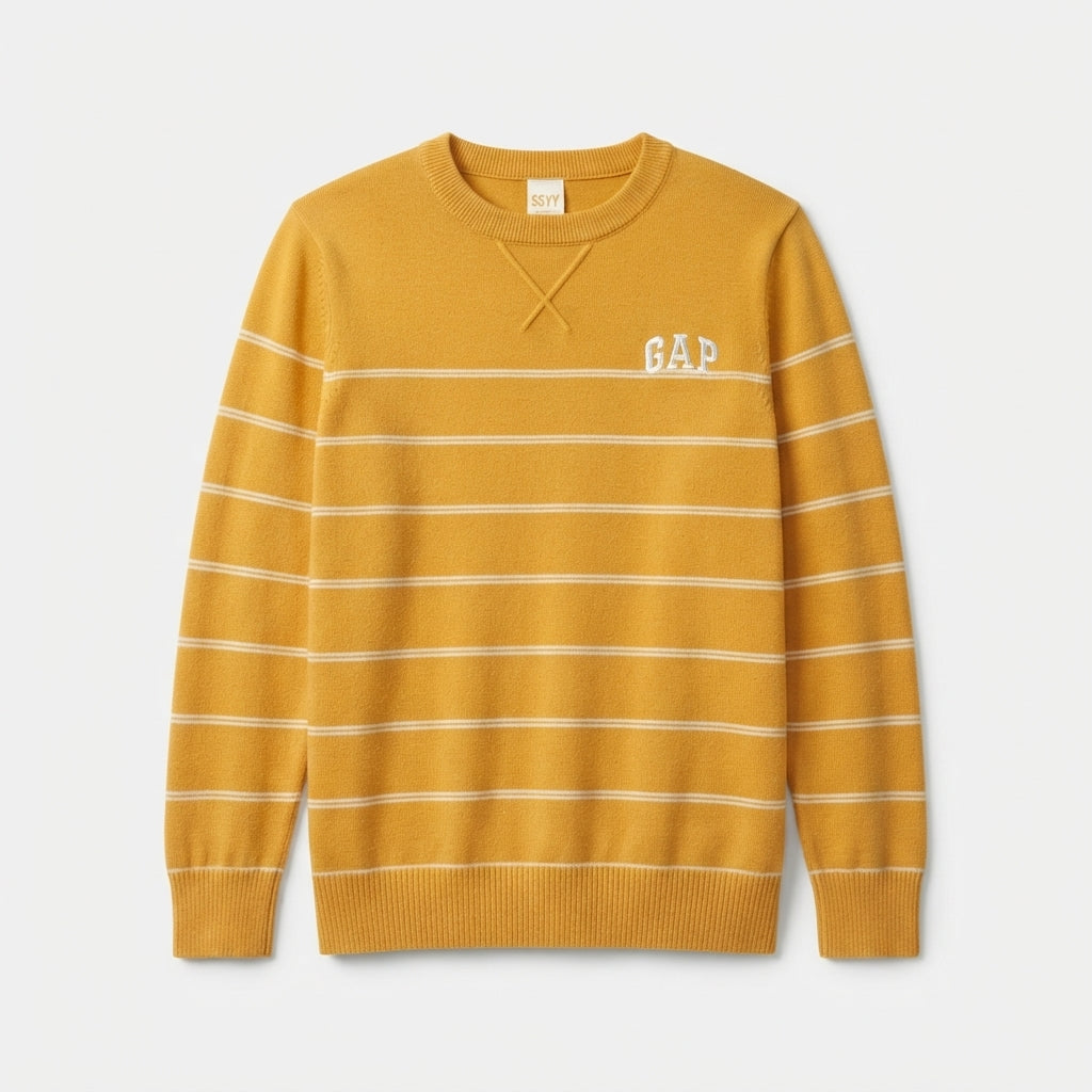 Boys Mustard Yellow Striped Long-Sleeve Knit Pullover Sweater with Chest Logo