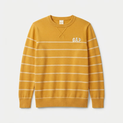 Boys Mustard Yellow Striped Long-Sleeve Knit Pullover Sweater with Chest Logo