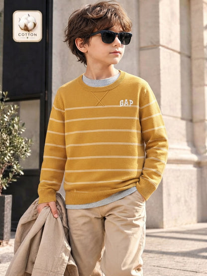 Boys Mustard Yellow Striped Long-Sleeve Knit Pullover Sweater with Chest Logo