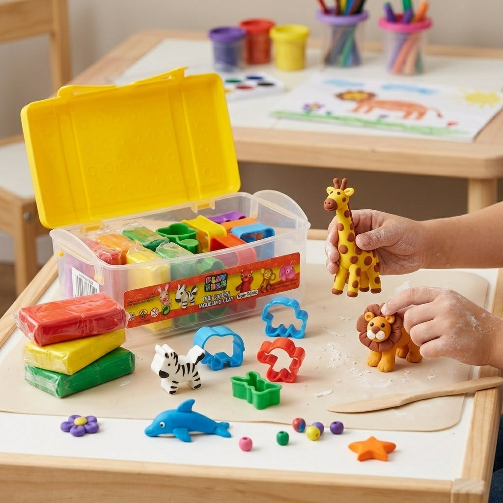 Play Time Non-Toxic Modeling Clay Kit with Yellow Storage Box, Animal Cutters & Tools